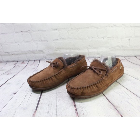 *LL Bean Brown Suede Wicked Good Shearling Lined Moccasin Slippers 11 Inch - Picture 2 of 9